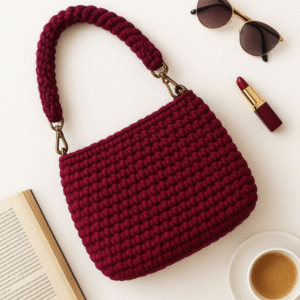Handmade crochet bag crafted with soft yarn and elegant detailing.